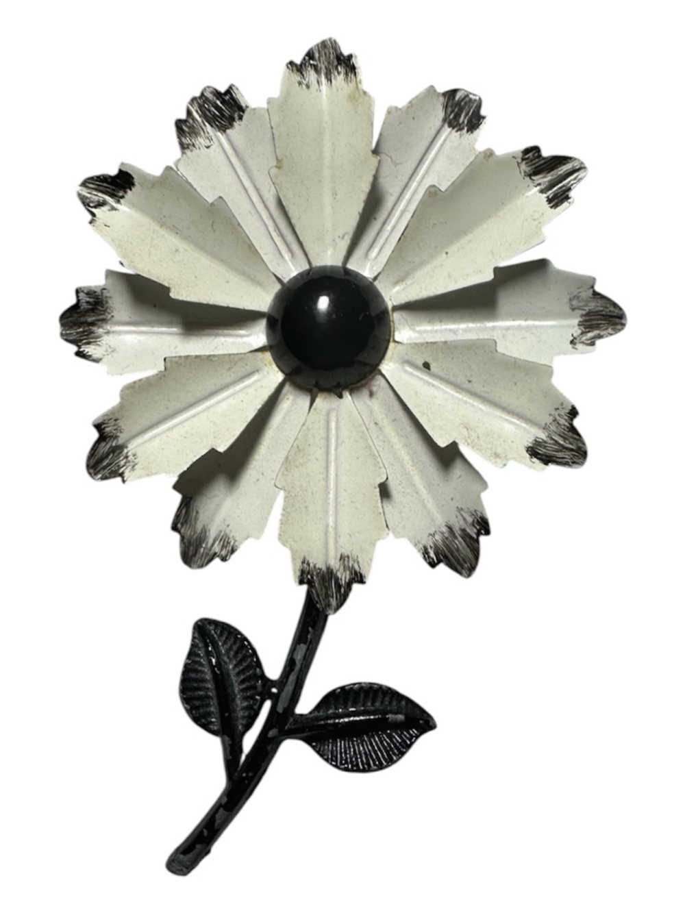 Vintage White Enamel Flower Brooch Black Stem Retro Floral Pin